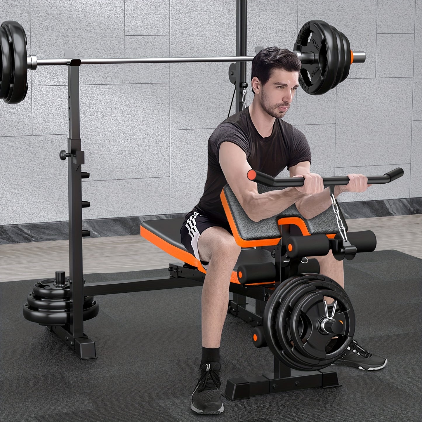 Ensemble de banc de musculation tout-en-un 8 en 1, réglable et pliable, banc de fitness professionnel avec support pour barre, pupitre à biceps et appareil pour les jambes, capacité de 400 kg, pour un entraînement complet du corps à domicile.