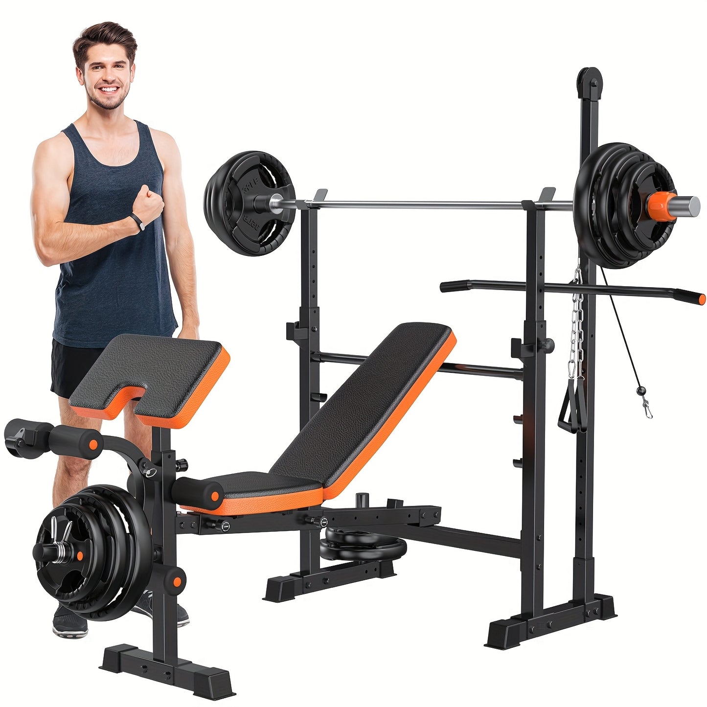 Ensemble de banc de musculation tout-en-un 8 en 1, réglable et pliable, banc de fitness professionnel avec support pour barre, pupitre à biceps et appareil pour les jambes, capacité de 400 kg, pour un entraînement complet du corps à domicile.