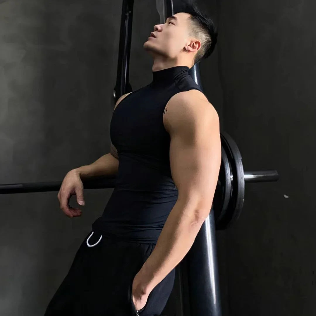 Muscle Men's Fitness Clothes Solid Sports Sleeveless T-shirt High Neck Elastic