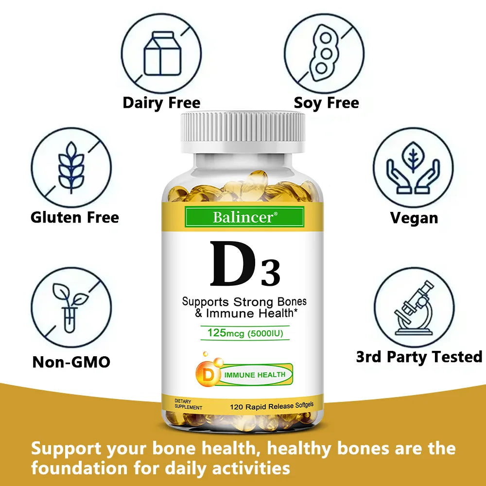 Vitamin D3 5000 IU - Supports Strong Bones & Immune Health - Gluten Free Non-GMO Vitamin D Supplement