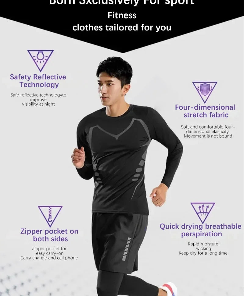 Sports Suits Men's Fitness Clothes Night Running Autumn Tight-fitting Quick-drying Clothes Cycling Training Clothes Equipment