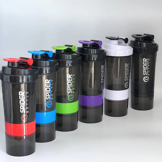 Bouteille shaker anti-fuite pour mélanges protéinés, gobelet à trois compartiments à visser, idéale pour le sport et les poudres protéinées.