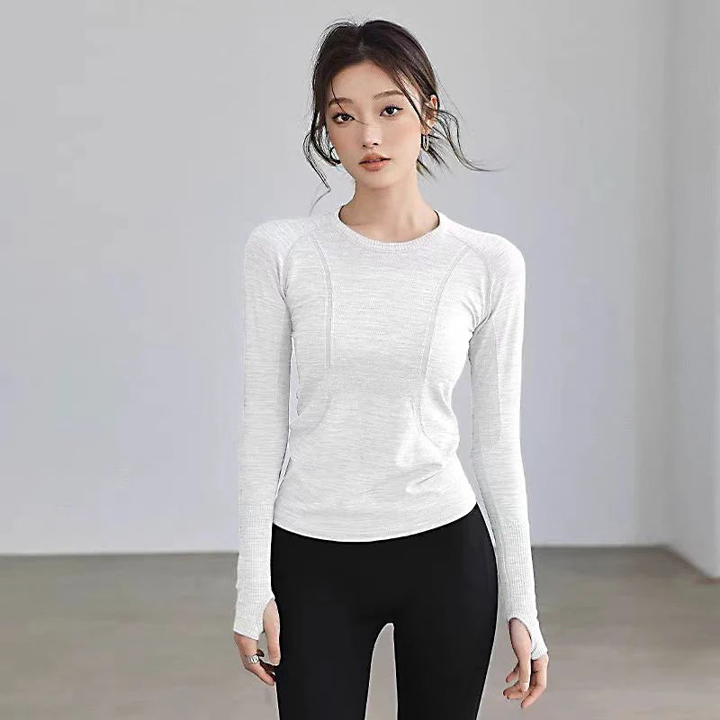 Yoga Clothes for Women, Sports Tops, Round Neck,, Seamless, Slim, Running Shirt Fitness Workout Long Sleeves Gym T shirt, Winter