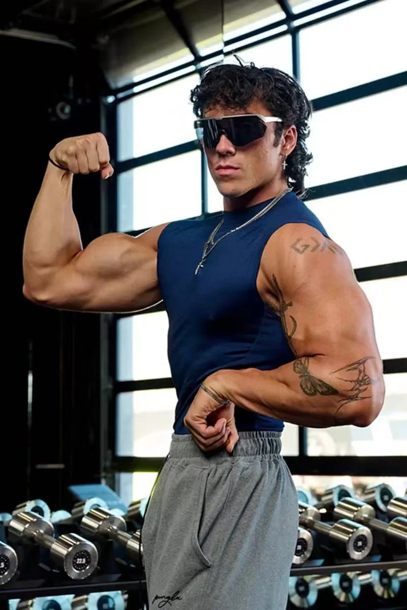 New Fitness Clothes Sports Vests Muscle Tight-fitting Clothes Men's High-elasticity Solid Color Training Clothes Sleeveless Tops