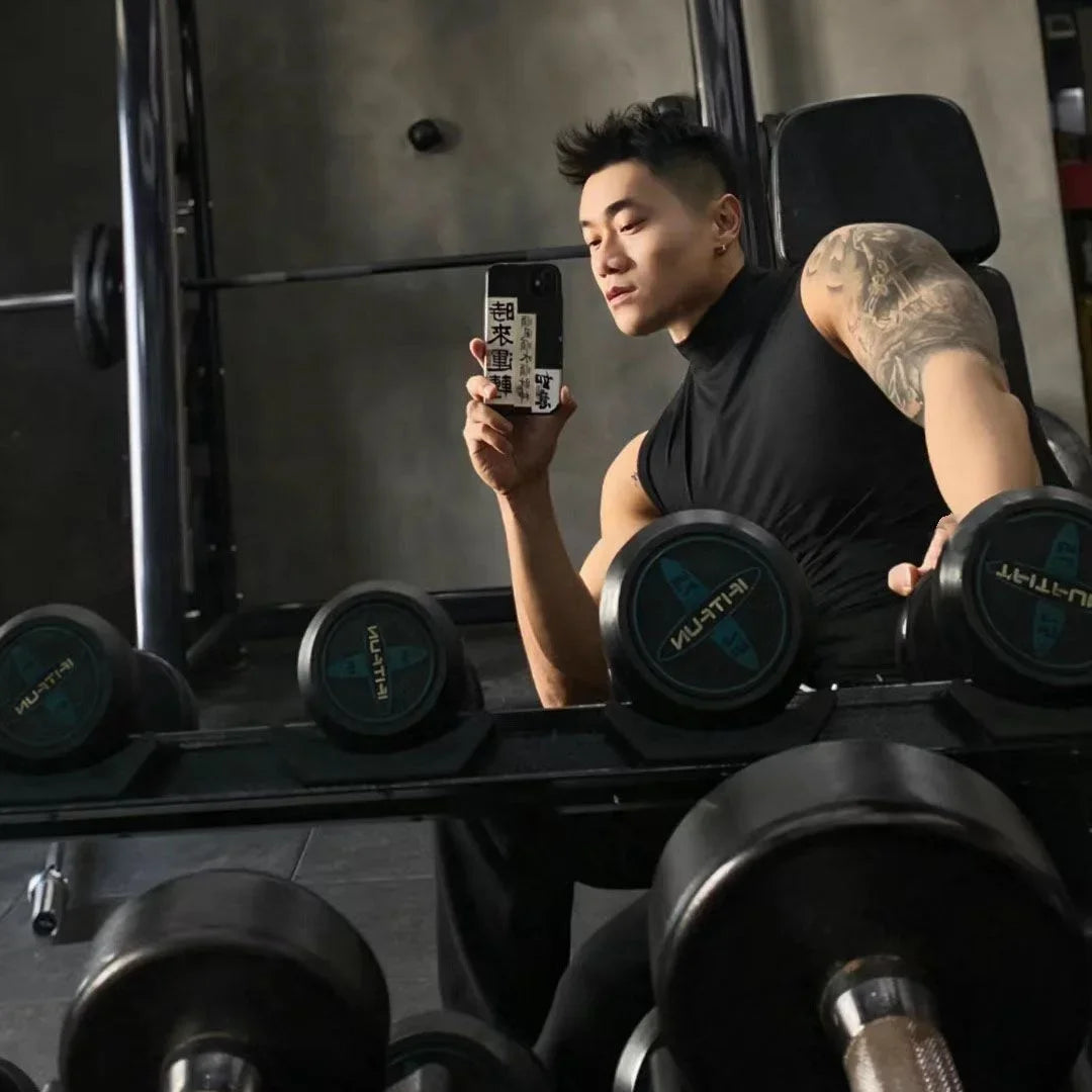 Muscle Men's Fitness Clothes Solid Sports Sleeveless T-shirt High Neck Elastic