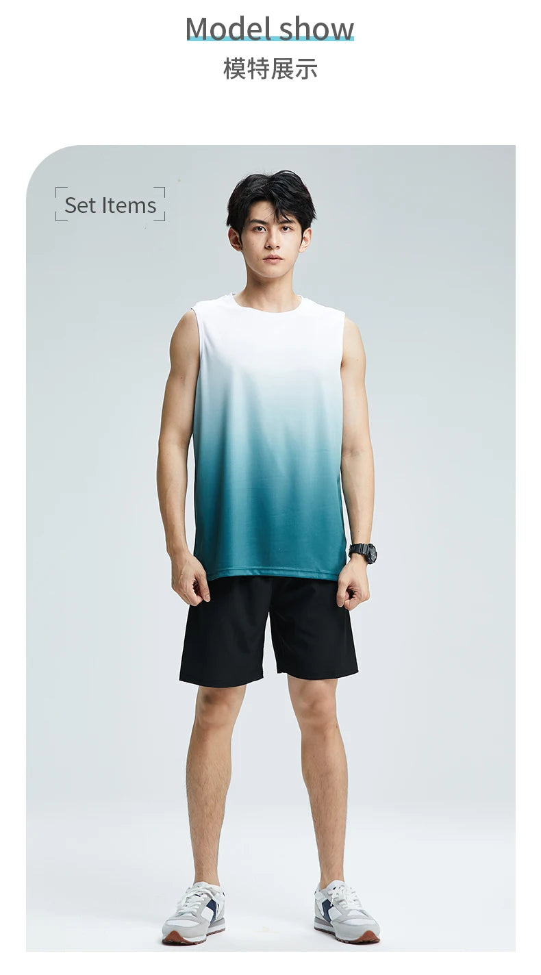 Fitness Clothes MEN'S ICE Silk Quick-dry Vest Sportswear Set Summer T-shirt Basketball Equipment Training Running Short Sleeves