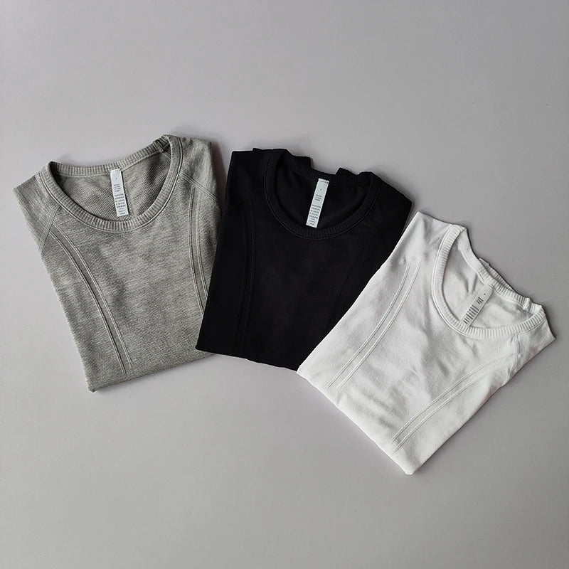 Yoga Clothes Sports Tops Women's Round Neck Long Sleeves Seamless Slimming Breathable Running Pula Speed Drying Fitness Clothes