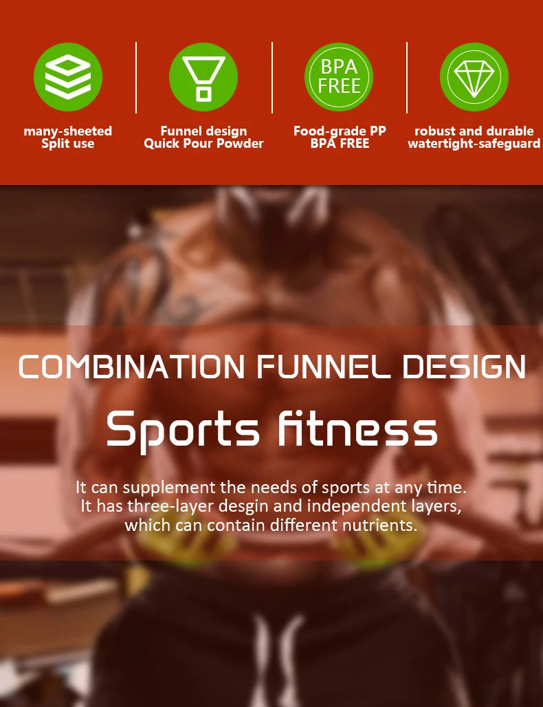 3-layer Portable Protein Powder Box Funnel Powder Box Fitness Supplement Bottle Individual Layers Storage Pill Box Snack Jars