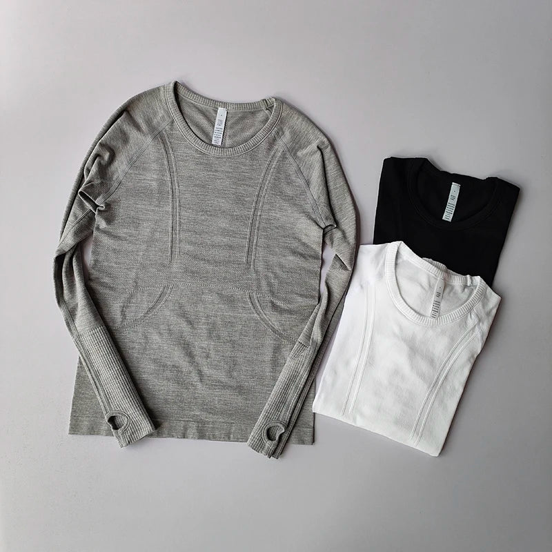 Yoga Clothes Sports Tops Women's Round Neck Long Sleeves Seamless Slimming Breathable Running Pula Speed Drying Fitness Clothes