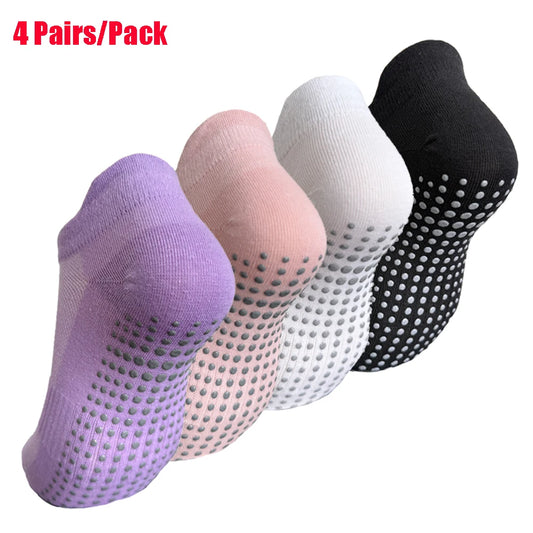 4 Pairs Women Yoga Socks Sports Anti Slip Silicone Fitness Professional Training Running Pilates Protecting Heel Ear Short Socks