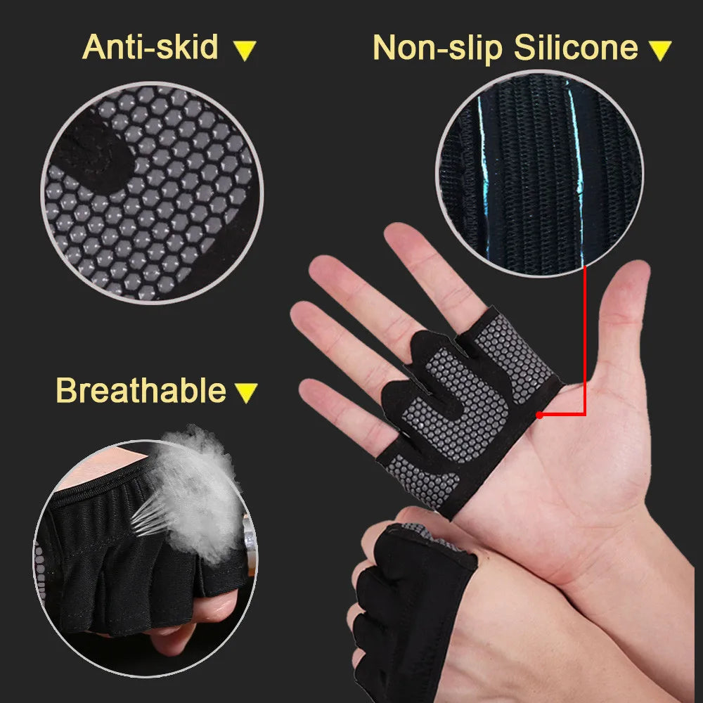 Gants de fitness demi-doigts pour hommes et femmes, antidérapants, en silicone, pour l'entraînement, les tractions et la musculation, protection des paumes.