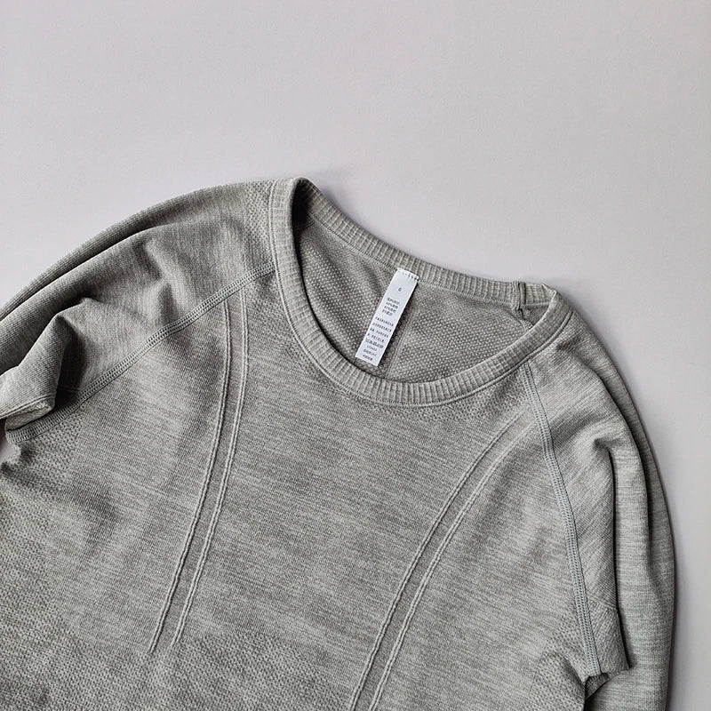 Yoga Clothes Sports Tops Women's Round Neck Long Sleeves Seamless Slimming Breathable Running Pula Speed Drying Fitness Clothes