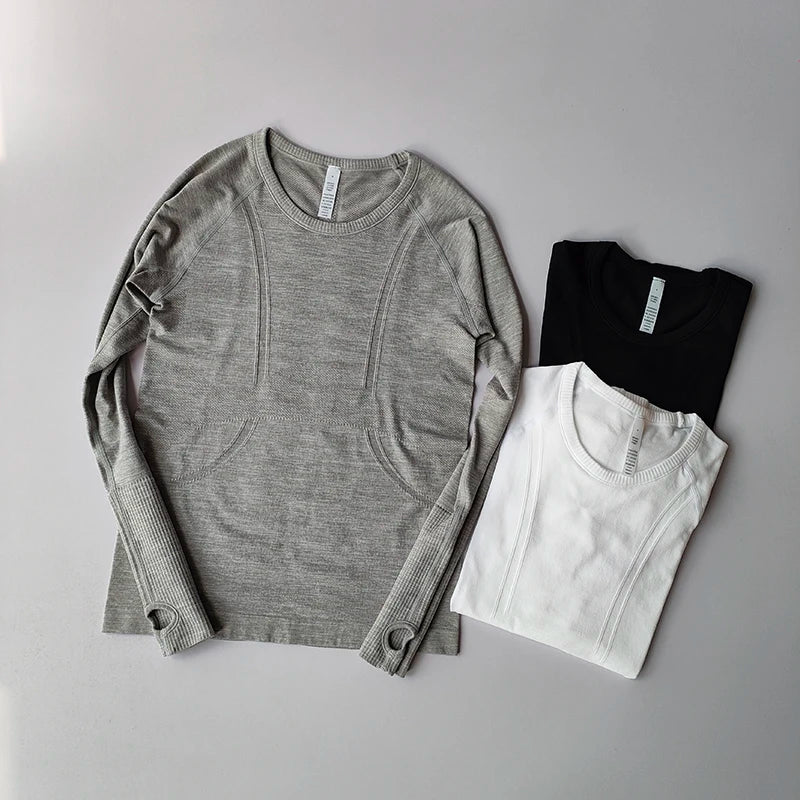 Yoga Clothes for Women, Sports Tops, Round Neck,, Seamless, Slim, Running Shirt Fitness Workout Long Sleeves Gym T shirt, Winter
