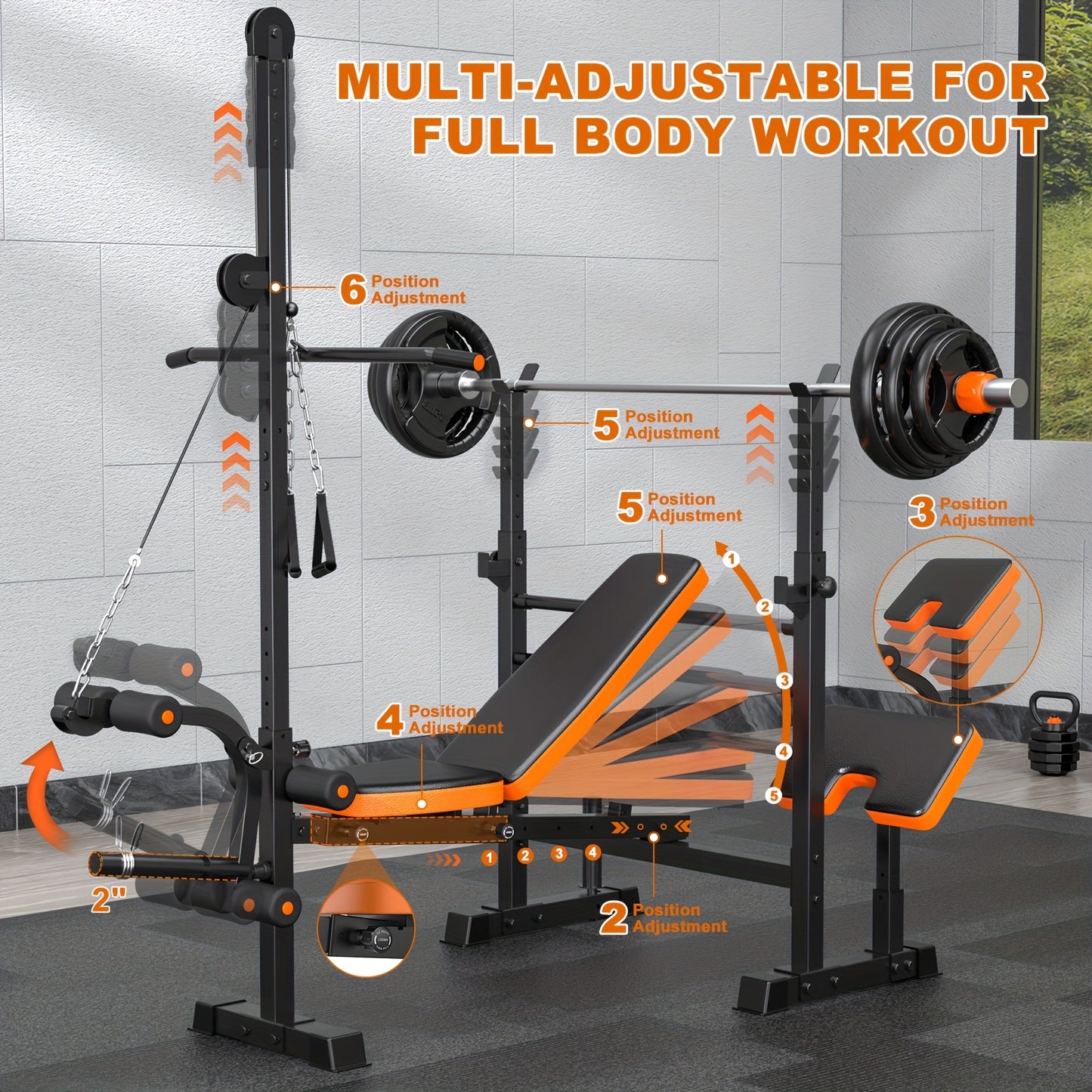 Ensemble de banc de musculation tout-en-un 8 en 1, réglable et pliable, banc de fitness professionnel avec support pour barre, pupitre à biceps et appareil pour les jambes, capacité de 400 kg, pour un entraînement complet du corps à domicile.