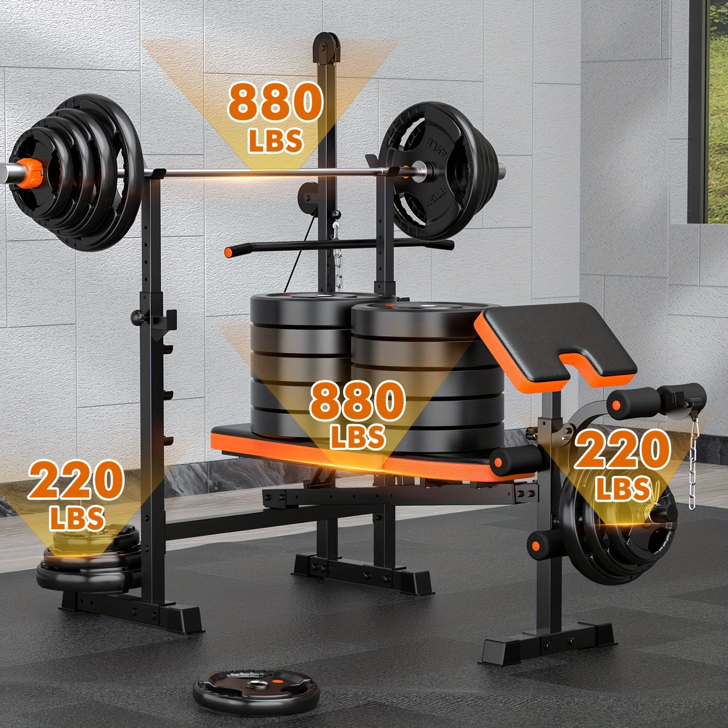 Ensemble de banc de musculation tout-en-un 8 en 1, réglable et pliable, banc de fitness professionnel avec support pour barre, pupitre à biceps et appareil pour les jambes, capacité de 400 kg, pour un entraînement complet du corps à domicile.