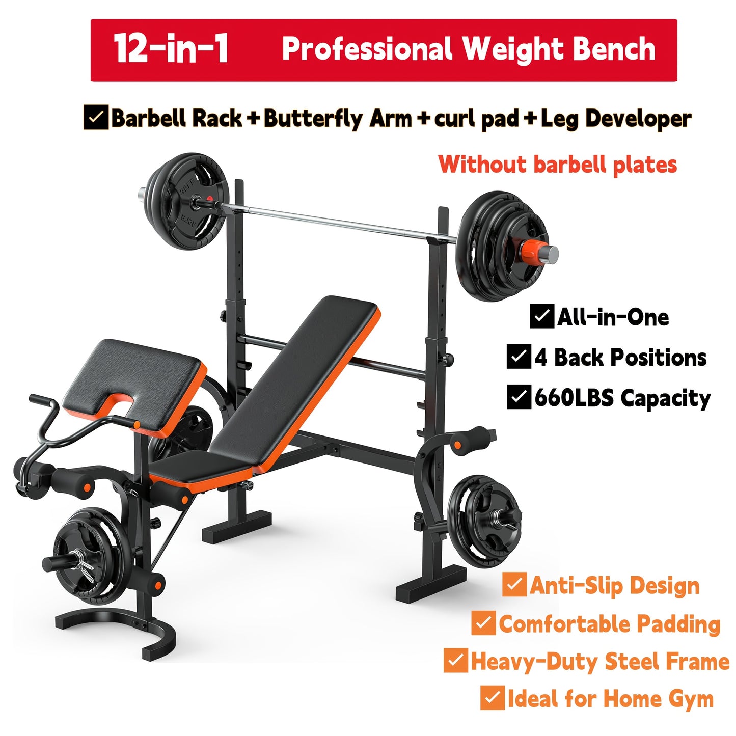 Ensemble de banc de musculation tout-en-un 8 en 1, réglable et pliable, banc de fitness professionnel avec support pour barre, pupitre à biceps et appareil pour les jambes, capacité de 400 kg, pour un entraînement complet du corps à domicile.